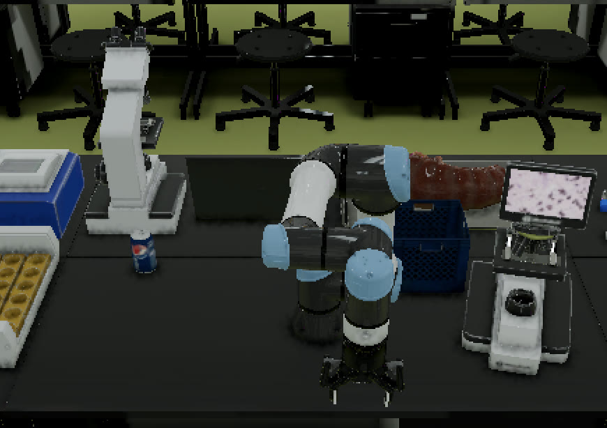 A robot arm at a laboratory bench with a can and a blue crate