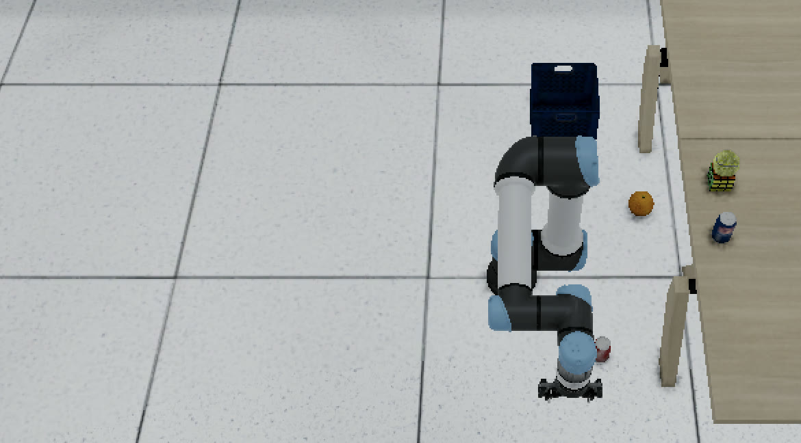 A robot arm on a tiled floor next to a table with a can, an orange and a crate