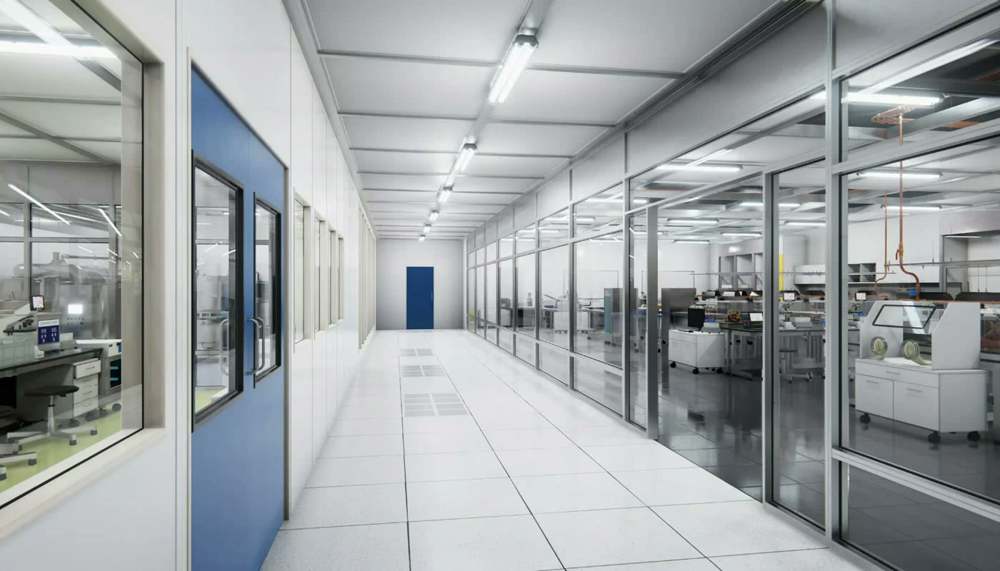 A clean laboratory corridor with glass walls and a blue door
